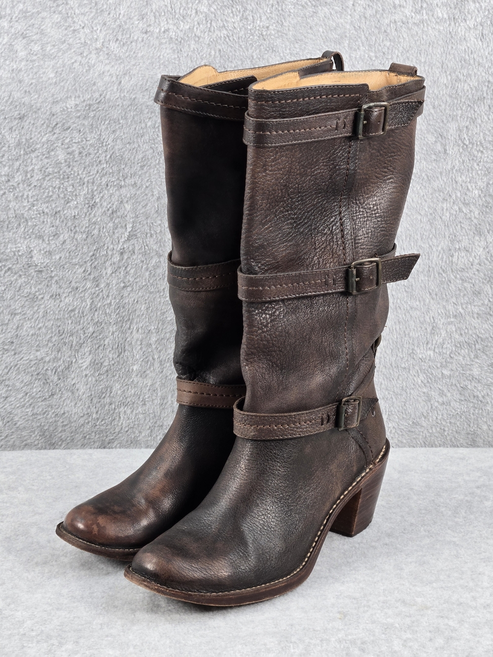 Frye Boots Womens 10 B Carmen 3 Strap Brown Distressed Leather Riding Boho Moto
